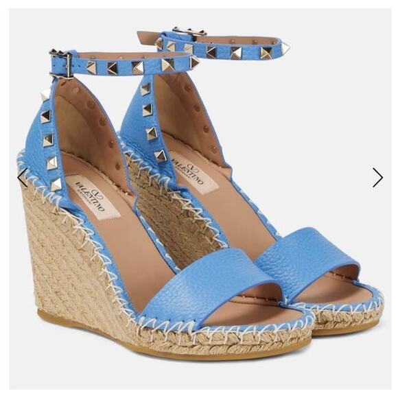 Valentino Garavani Shoes - Valentino Garavani Rockstud Leather Wedge Espadrille Sandal 38 Blue